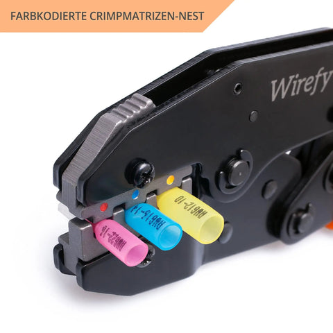 Close-up of Ratcheting Wire Crimp Tool for Heat Shrink Connectors with Precision Die, color-coded nests visible, professional grade.