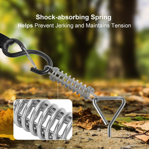 Close-up of RV Awning Tie Down Kit with shock-absorbing spring detail and text 'Shock-absorbing Spring Helps Prevent Jerking and Maintains Tension'.