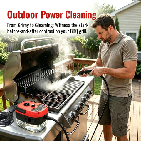 Man using the 2500W Handheld High Temperature Steam Cleaner on outdoor grill with steam and control knob visible.