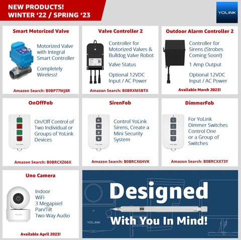Product display for smart home devices including valves, alarm, fobs, and camera from Yolink, highlighted for Winter '22/Spring '23 release.