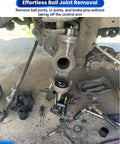 Heavy Duty Ball Joint Press Kit with U Joint Removal Tool on vehicle suspension, tools scattered