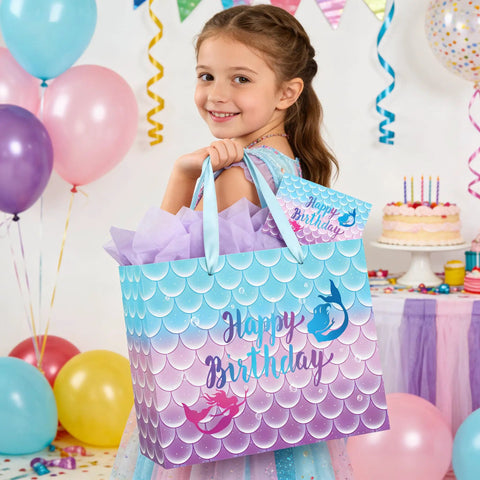 Mermaid Themed Birthday Gift Bag Set For Kids With Tissue Paper And Greeting Card 13 Inch Large Gift Bag With Handle