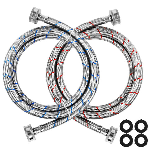 6 Foot Stainless Steel Braided Washing Machine Hoses Burst Proof Hot And Cold Water Supply Lines Universal Fit For All Washers 2 Pack Built To Last Heavy Duty Premium Quality With 10 Year Warranty, showing two coiled braided hoses with red and blue markers