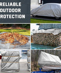 Beast Mode Tough 12 Mil Heavy Duty Waterproof Tarp with metal grommets covering car, woodpile, and boat, 10x20 ft silver blue