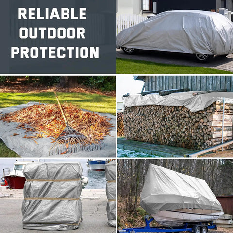 Beast Mode Tough 12 Mil Heavy Duty Waterproof Tarp with metal grommets covering car, woodpile, and boat, 10x20 ft silver blue