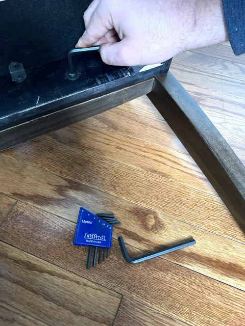 Made In USA Pro Grade Hex Key Set Seven Piece Metric Allen Wrench Kit 1.5 2 2.5 3 4 5 6 Mm Short Series Built For Tough Jobs And Everyday Use Ideal For Automotive Bicycle Cabinet And Machinery Work And Great For Home Repairs And DIY Projects. Blue metric hex key set used on furniture