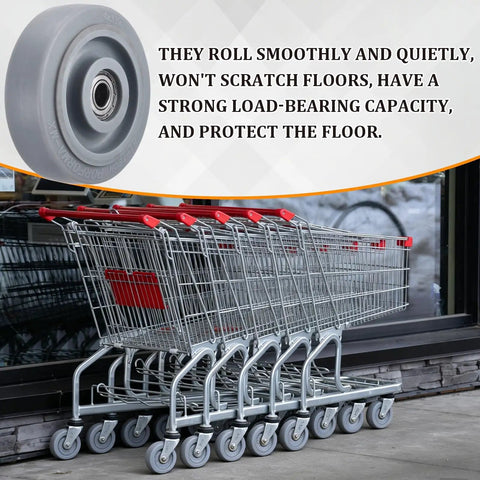 Shopping carts with Heavy Duty Beefed Up 4 Inch Push Cart Wheel Set with Rubber Casters and Bearings, grey wheels visible.