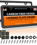Slick Carbon Fiber License Plate Frame Set With A Dope Slim Profile And Fully Weatherproof Build For Quick Two Hole Universal Front Rear Swap On Your Daily Driver Ride showing two frame pieces and installation hardware.