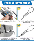 Tough As Nails Stainless Steel Fishing Crimping Pliers Kit instructions showing crimping process with wire rope and aluminum sleeves.