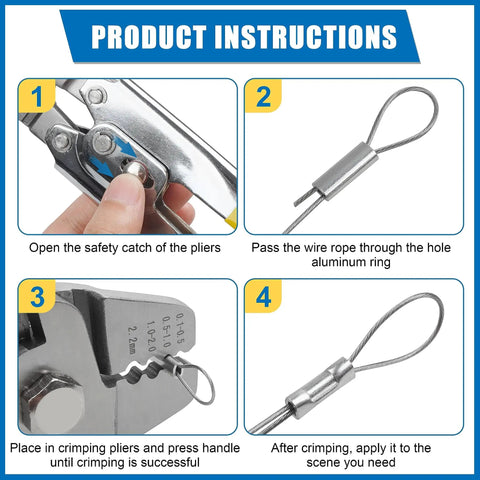 Tough As Nails Stainless Steel Fishing Crimping Pliers Kit instructions showing crimping process with wire rope and aluminum sleeves.