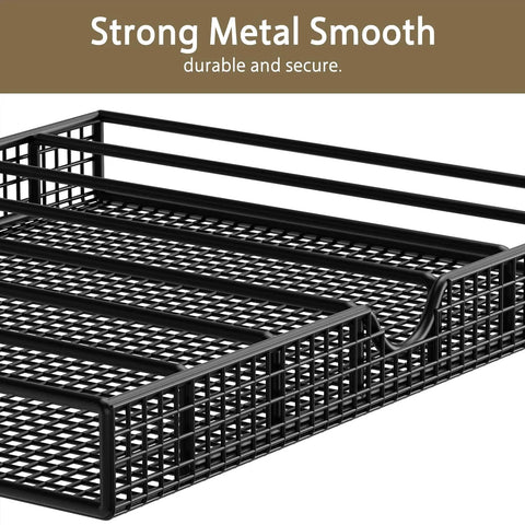 Close-up view of the strong metal shelf from a Rustic Brown Four Tier Coffee Cart With Smooth Locking Casters And Deep Pod Tray.