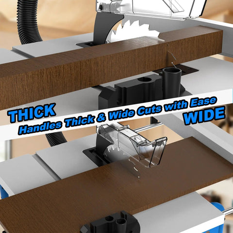 Badass 8 Inch Table Saw Driven By A Beefy 15 Amp 5500 Rpm Motor With Heavy Duty 80 Tooth Carbide Blade showing thick wood cuts.