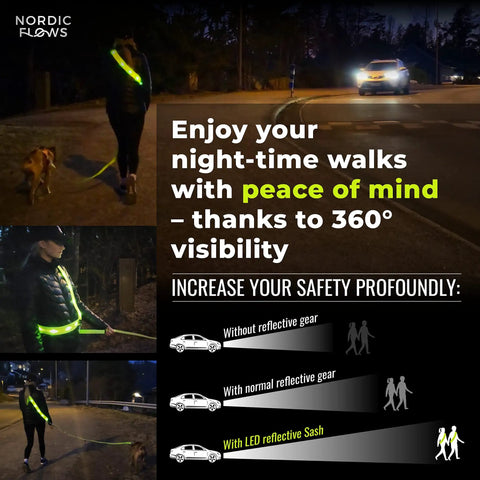 Rechargeable LED Reflective Safety Sash Featuring Three Custom Flashing Modes To Keep You Lit Safe And Street Sharp While Cruising The Sidewalks Or Cranking Out Night Miles