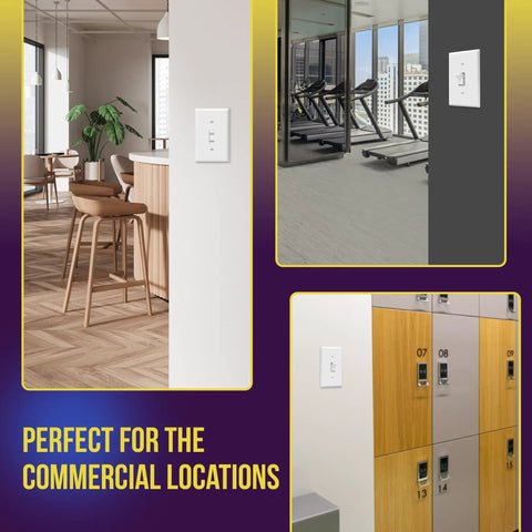 Toggle Light Switch Wall Plate 1-Gang Gloss Finish White installed in office, gym, and locker room settings, highlighting versatility.
