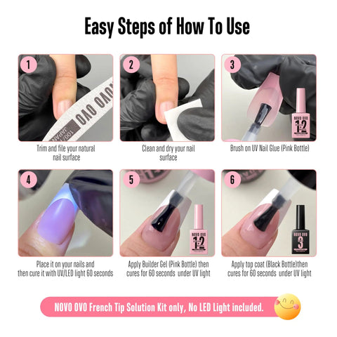 Instructional steps for applying 2 In 1 UV Nail Glue And Builder Gel For Tips And Acrylics, No Wipe Top Coat Kit, HEMA Free, TPO Free, Bond Like A Boss