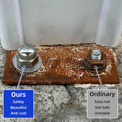 Comparison of Stainless Steel 1/4-20 Acorn Cap Nuts Lock Nuts 18-8 304 Grade with rusty ordinary nut on metal surface