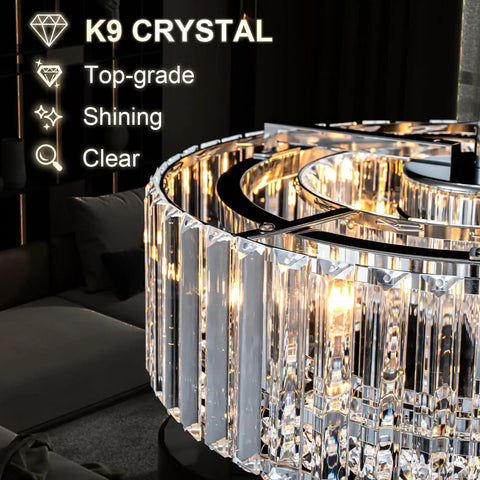 Lit Modern Crystal Chandelier Pendant Light Fixture With Three Lights Black Cage Drum Shade 15.75 Inch detail view