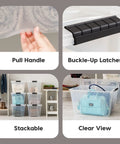 See Through 53 Quart Stackable Plastic Storage Bin With Lid For Home Organization, BPA Free, Made In USA, shown in use