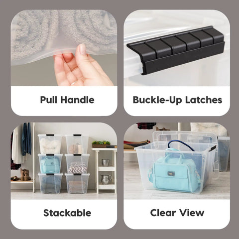 See Through 53 Quart Stackable Plastic Storage Bin With Lid For Home Organization, BPA Free, Made In USA, shown in use