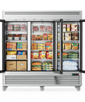 Workhorse Commercial Upright Freezer 72 Cubic Feet Stainless Steel Reach In Display Cabinet with three glass doors and frozen food storage.