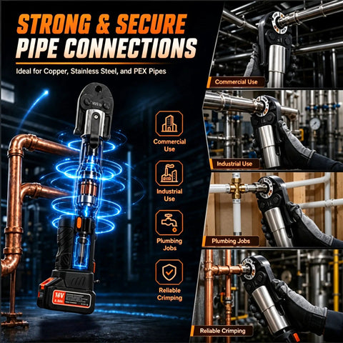 Powerful 18V Cordless Pipe Crimping Tool for Pex and Copper Lines in action, crimping pipes with high carbon steel jaws.