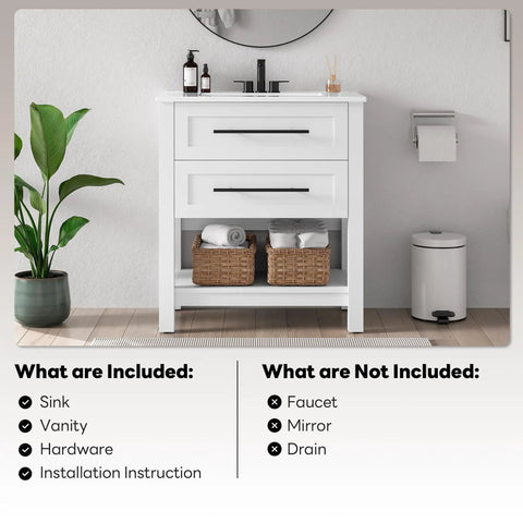 Top Notch 30 Inch Bathroom Vanity With Integrated Sink And Two Roomy Drawers Plus Handy Open Shelf, featuring ceramic basin and matte black pulls.