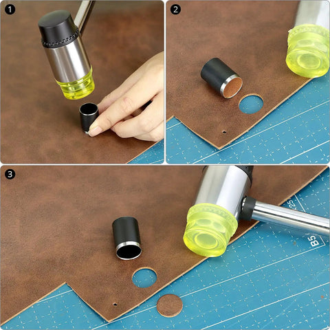 Using the 31 Piece Leather Circle Cutter Tool Set For Precision Round Holes With Cutting Dies 1 To 25 mm on brown leather