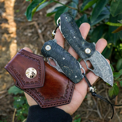Damascus Steel Pocket Folding Knife With 2.45 Inch Razor Sharp Blade Handmade Craftsmanship Stabilized Wood Handles Cowhide Sheath