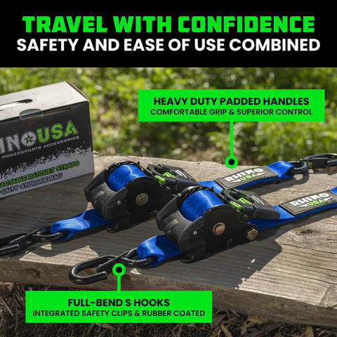 Heavy Duty Retractable Ratchet Straps 2 Inch By 10 Feet, 3033 Pound Break Strength, 2-Pack Self Retracting Tie Down Straps with box