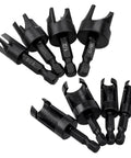 Eight Piece Wood Plug Cutter Set Hex Shank Straight Tapered Drill Bits showing various sizes and shapes for hiding screw holes.