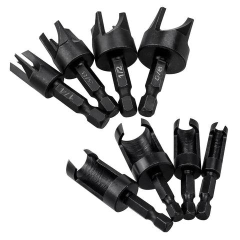 Eight Piece Wood Plug Cutter Set Hex Shank Straight Tapered Drill Bits showing various sizes and shapes for hiding screw holes.