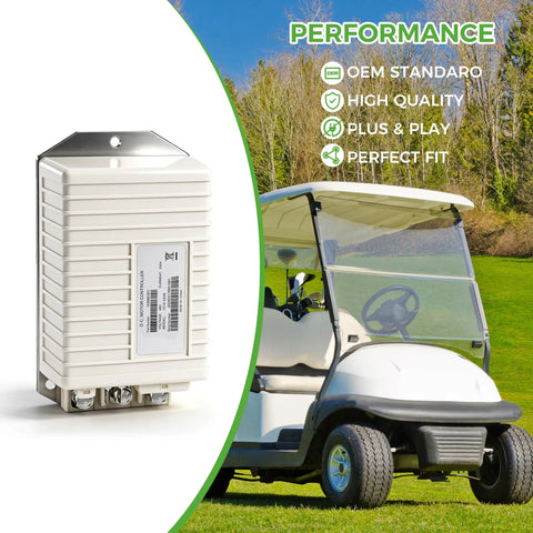 DC Speed Motor Controller For Club Car Precedent 2014-2019 Models, 48V 250A With MCOR3, white unit beside golf cart on grass