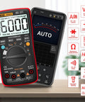 Bluetooth Digital Multimeter With Auto Range TRMS 6000 Counts for AC DC Voltage and Current displayed next to smartphone app interface.