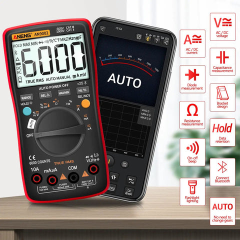 Bluetooth Digital Multimeter With Auto Range TRMS 6000 Counts for AC DC Voltage and Current displayed next to smartphone app interface.