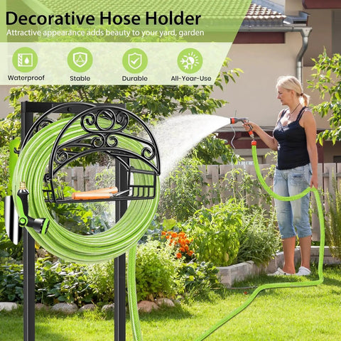 Heavy Duty Garden Hose Holder With Freestanding Steel Frame, Ultra Sturdy Hose Storage Organizer For Outdoor Yard, Holds Up To 160 Feet Of Hose, 4 Spikes, Weatherproof And No Fuss Easy Access with coiled hose.