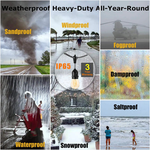 Image showing sandstorm, wind, fog, rain, dampness, snow, ocean, and an Outdoor String Lights 150 Ft LED Shatterproof Patio Lighting IP65.