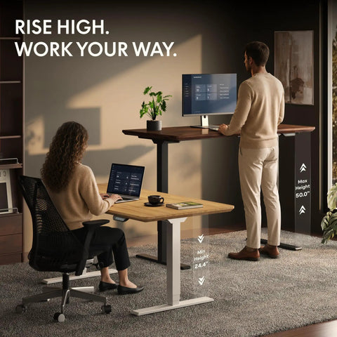 Top Shelf Solid White Oak Dual Motor Electric Standing Desk, Height Adjustable Ergonomic Office Table with two users.