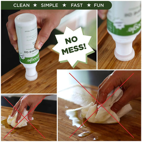User applying Premium Food Grade Mineral Oil For Cutting Boards with smooth applicator on a wood surface.