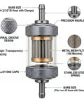 Universal Inline Fuel Filter Kit With Clear View Filter for Three Sixteenth Inch 5mm Fuel Lines, showing parts and details.