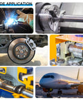 Collage of various applications including welding, machine tool shaft, brake disc, conveyor machinery, and airplane