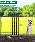 Heavy Duty 10 Panels Decorative Garden Fence With 32 Inch High Panels And 29 Inch Wide Each Rustproof Metal Square Tube No Dig Outdoor Dog Barrier For Temporary Yard Patio Landscape Border Fencing shown with measurement details and a dog beside it.