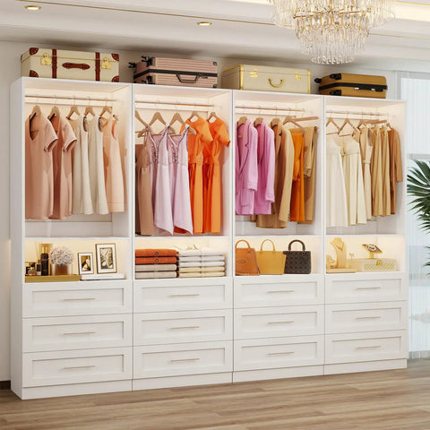 Customizable Four Piece Closet System With Twelve Wooden Drawers And Open Shelves Expands From Eight To Twenty One Feet in bright interior.