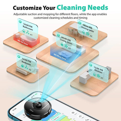 Smartphone displaying app interface for Robot Vacuum And Mop With 6000Pa Suction, Self Emptying Base For 90 Days Capacity, LiDAR Navigation.
