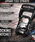 Heavy Duty Spare Tire Y Strap For UTV And Off Road Adventures, 3 Way Ratchet Tie Down with padded handle, steel teeth, dual-action