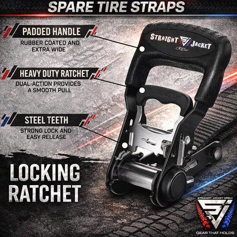 Heavy Duty Spare Tire Y Strap For UTV And Off Road Adventures, 3 Way Ratchet Tie Down with padded handle, steel teeth, dual-action
