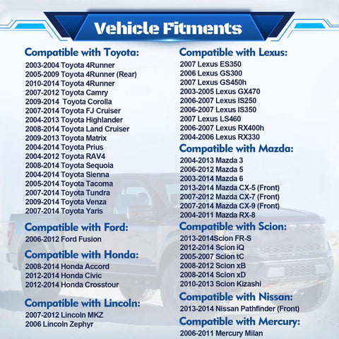 Vehicle fitment list for Windshield Washer Pump For Toyota Lexus Mazda Honda Scion Replaces OEM 85330-60190