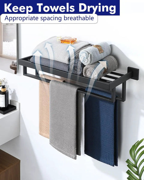 Double 24 Inch Towel Rack Matte Black For Bathroom Wall Mount Stainless Steel SUS304 with folded towels and airflow arrows