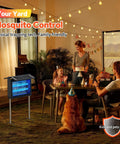 Family enjoying patio with Go To Outdoor Dual Solar Panel Mosquito Zapper with 4500V Insect Killer, IPX5 waterproof, solar panels visible
