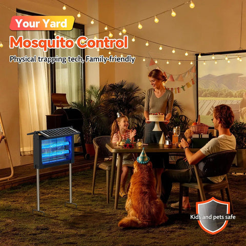 Family enjoying patio with Go To Outdoor Dual Solar Panel Mosquito Zapper with 4500V Insect Killer, IPX5 waterproof, solar panels visible