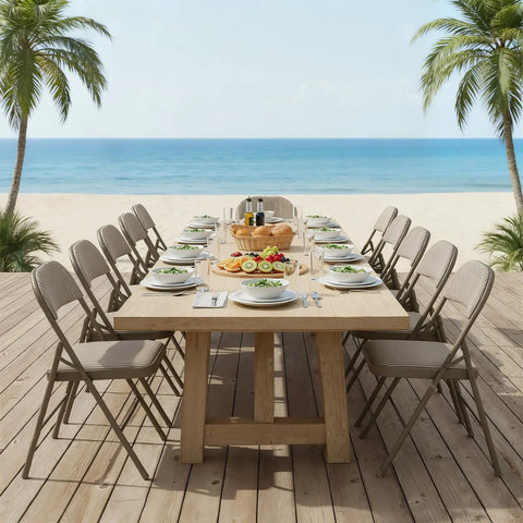 Two Pack Folding Chairs With Comfy Padded Cushions And Back Support Fabric Stackable Portable Dining Chairs arranged at a beach table